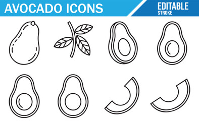 Editable Stroke Icons of Avocados for Vegan and Healthy Diets