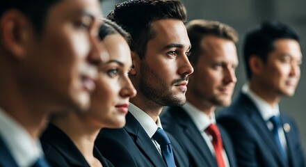 A diverse group of formally dressed business professionals, including men and women, stand in a row, looking forward with a serious and focused expression.