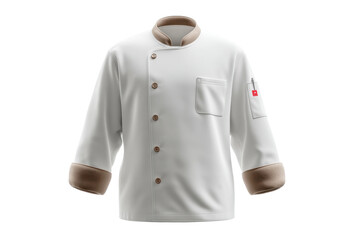 Professional chef jacket in white with brown accents and buttoned front, cut out