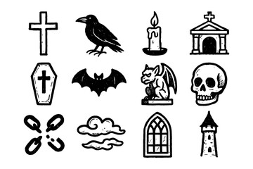 Spooky gothic icons: cross, raven, candle, church, coffin, bat, gargoyle, skull, clouds, stained glass