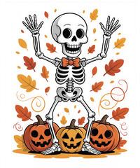 Happy skeleton with pumpkins and autumn leaves
