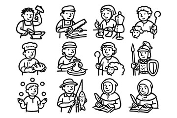 Hand-drawn medieval and modern occupations set featuring diverse professions