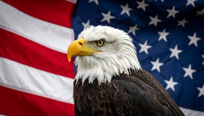 A majestic bald eagle, with piercing eyes, is in focus against a backdrop of the American flag