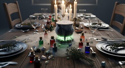 Magical Halloween dinner setup with cauldron and potions for themed party invitations, spooky event promotions, or mystic-themed articles. Perfect for Halloween celebration.