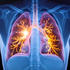 3D medical illustration of lungs with highlighted bronchial tree