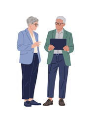 Vector illustration of a senior business couple in smart casual clothes, standing and discussing with a digital tablet, isolated on transparent background for professional use