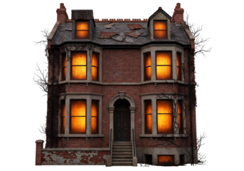 A weathered brick house, lit from within by warm, eerie light, stands out against a dark background.