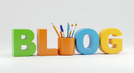 Colorful Blog Text with Writing Utensils for Creative Content Creation Concept