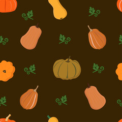 Seamless Pumpkin Pattern on Brown Background &ndash; Autumn and Halloween Vector Design