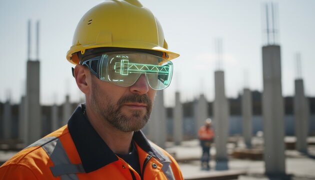 Construction worker wearing a modern,smart hard hat with an integrated heads-up display HUD. HUD shows a few lines of data or a simple structural diagram. worker expression is focused and professional