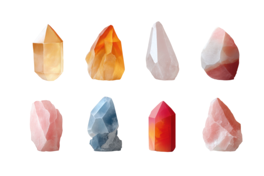 Colorful quartz crystals collection with diverse shapes and textures, cut out