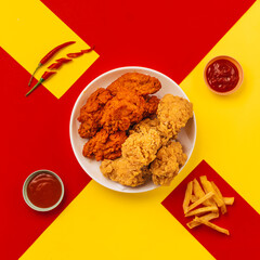 A colorful arrangement featuring crispy fried chicken, dipping sauces, and fries on a vibrant red and yellow background.
