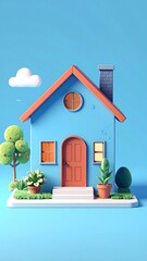 3D model of a small blue house with orange accents and plants