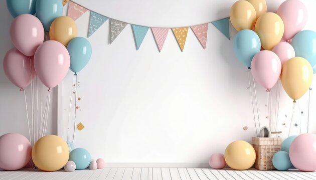 Scena festiva con palloncini pastello e foglie verdi luminose su sfondo minimal moderno