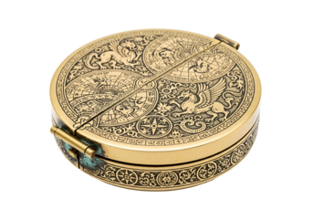 Ornate brass box, intricately detailed with celestial and mythical imagery, showcasing a rich gold tone and black accents.