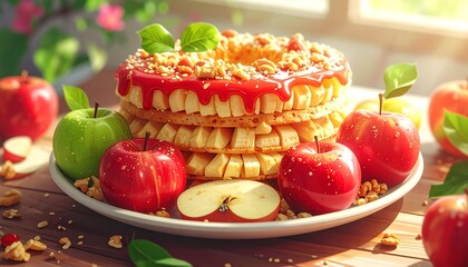 A layered apple cake, topped with a glaze, sits on a plate, surrounded by apples and walnuts. Sunlight illuminates the scene