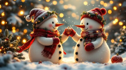 Snowman couple sharing a festive moment with glowing lights in a winter wonderland