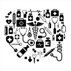 Medical Equipment and Tools Set, Black Outline Silhouette Icons, Healthcare Vector Illustration