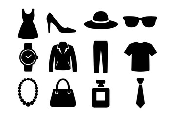 Fashion icons set featuring dresses, accessories, and clothing essentials in bold silhouette style