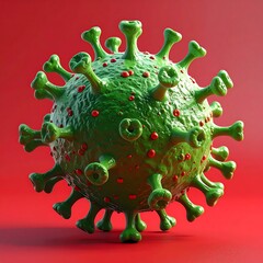3D model of a virus.  Green sphere with red protrusions