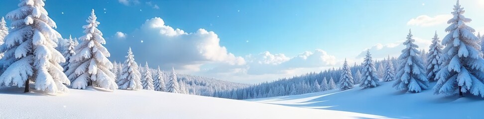 Fototapeta premium A serene winter wonderland landscape with snow-covered trees and a clear blue sky , blue sky, trees