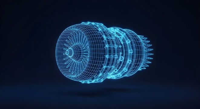 Airplane engine Blue Wireframe 3D Model of a Jet Engine Turbine on Dark Background aircraft aviation