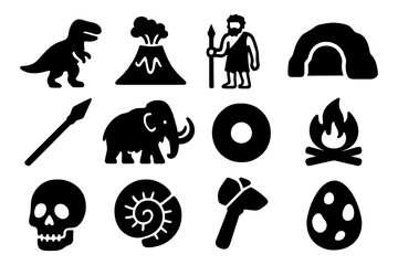 Prehistoric icons: dinosaur, caveman, and ancient symbols in black silhouette style