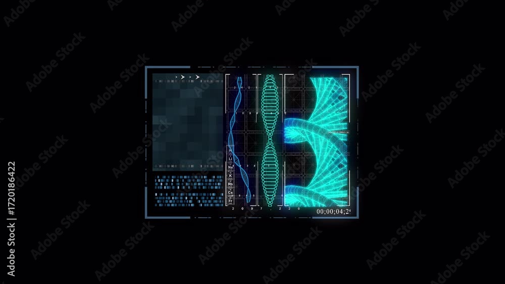 Poster futuristic dna analysis and genetic research on a digital screen with abstract data visualization.