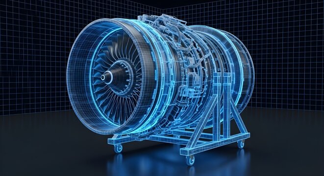 Airplane engine Wireframe Blueprint of a Jet Engine Mounted on a Mobile Stand with Wheels mechanical