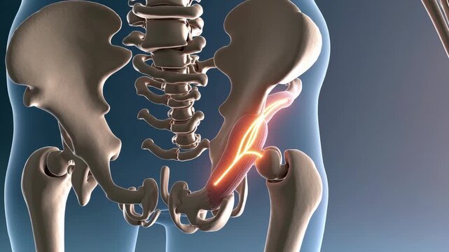The hip bone structure highlights the pelvis and spine, with the spine aligning with the pelvis. Muscles attach to the hip, emphasizing how muscles connect with the hip bone.