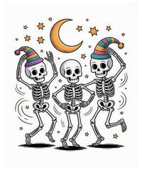 Three dancing skeletons wearing colorful hats
