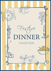 Festive dinner collection. Dinner party invitation La Dolche Vita poster Invitation with plate Mediterranean design Vector drawing Doodles in different colors