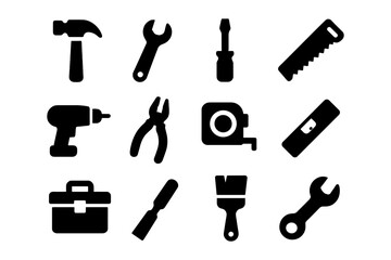 Silhouette tools set: hammer, wrench, screwdriver, saw, drill, pliers for diy projects