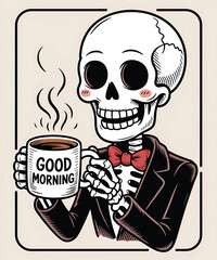 Skeleton in a suit holding a good morning coffee mug
