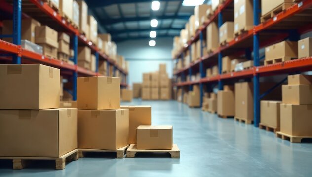 A modern delivery template with boxes and packages ready for shipping in a warehouse setting , storage, commerce