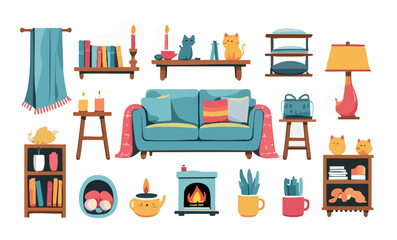 Cozy cartoon living room icons with cats, sofa, shelves, books, candles, fireplace, and plants.