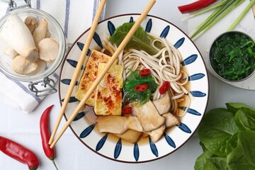 Tasty ramen with king oyster (eryngii) mushrooms in bowl and ingredients on table, flat lay