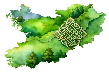 Watercolor map of ireland with celtic knot isolated on white background, showcasing irish heritage