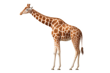 Standing giraffe with distinctive patterns and long neck on black background, cut out