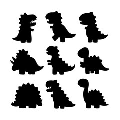 Various cartoon dinosaur silhouettes in playful poses, ideal for children s designs and themed projects © NelaRov