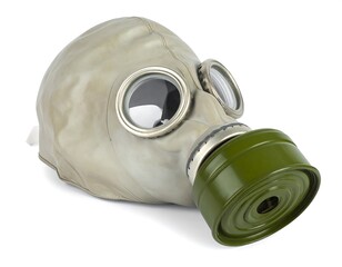A light gray gas mask angled on a white background