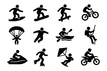 Silhouette icons of action sports activities and adventure hobbies