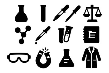 Fototapeta premium Chemistry tools icons set: flasks, pipettes, molecule, beakers, scale, lab coat