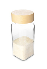 Garlic powder in glass jar isolated on white. Aromatic spice