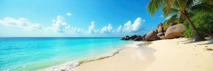 A serene beach template with golden sands, crystal blue waters, and clear skies perfect for vacation and travel websites , relax, ocean