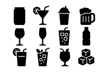 Silhouette icons of various beverages and drinks for menu design
