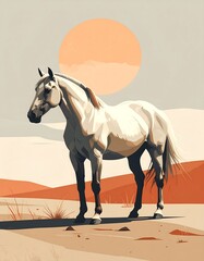 A light gray horse in a desert landscape, sun overhead