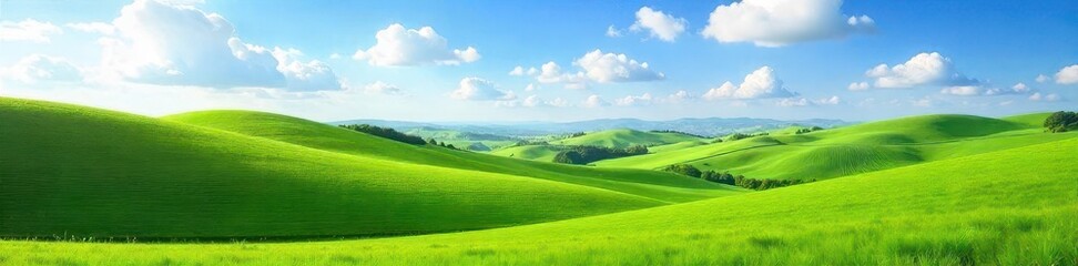 Fototapeta premium A serene countryside landscape with rolling hills, lush green fields, and a clear blue sky , sunny day, beauty