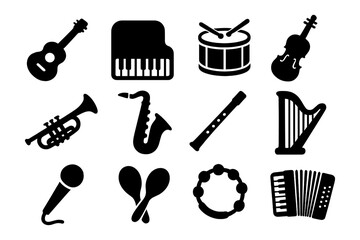 Obraz premium Silhouette musical instruments collection: guitar, piano, drums, violin, and more