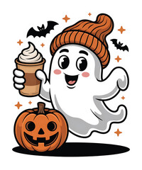 Cute ghost holding coffee cup with pumpkin
